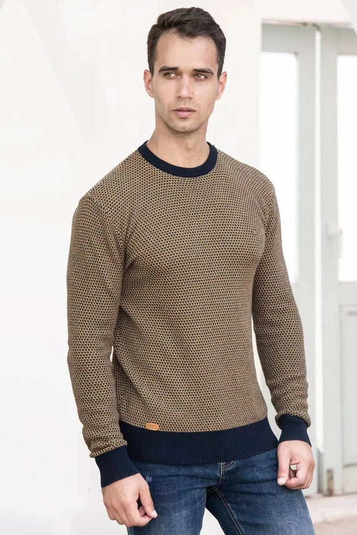 Men's checkered sweater flat lay showing ribbed collar and cuff details