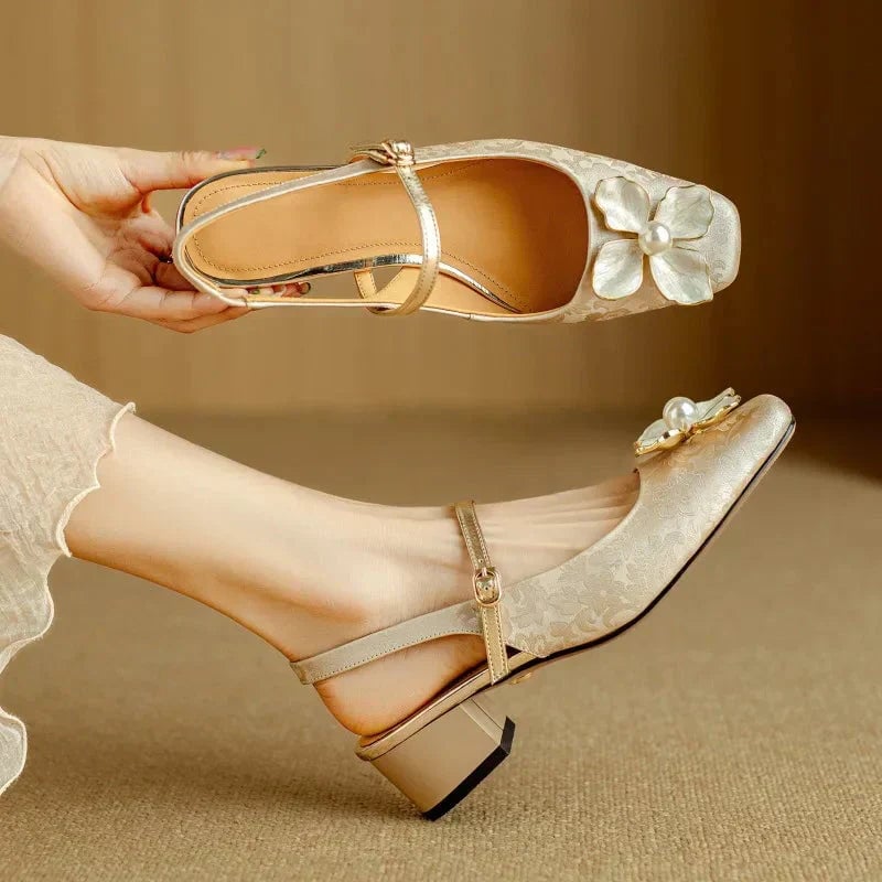 Isabeau floral mary jane pumps in beige with pearl floral embellishment and block heel, front view