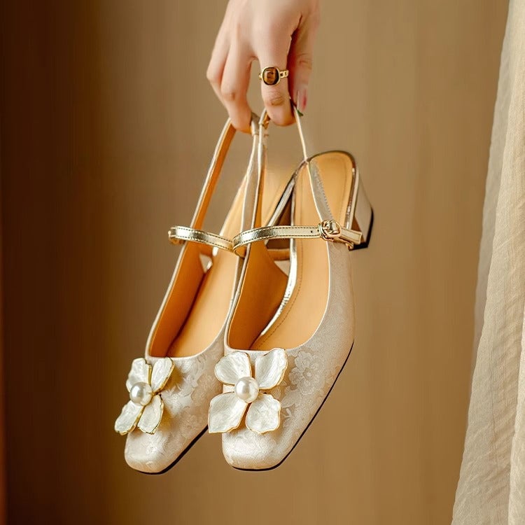 Isabeau floral mary jane pumps in beige, side profile showing jacquard upper and adjustable ankle strap