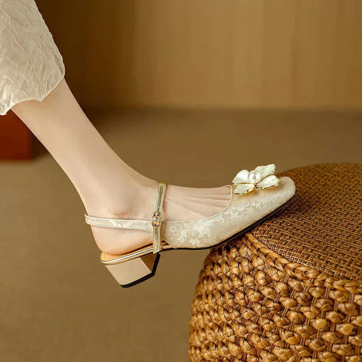 Isabeau floral mary jane pumps in beige, three-quarter angle showing full silhouette