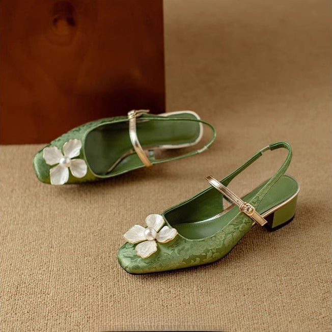 Both colorways of the Isabeau floral mary jane pumps — beige and green — displayed side by side