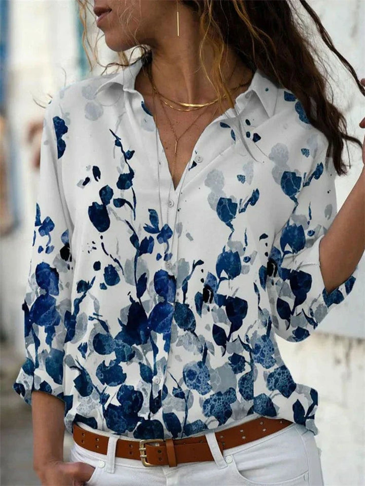 Isabelle floral print button-down blouse in blue and white watercolor print with point collar and long sleeves