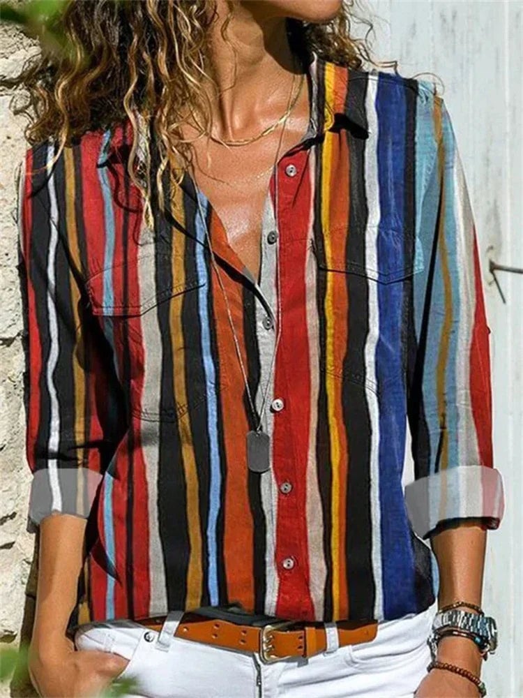 Front view of the Isabelle blouse showing button placket and watercolor floral detail