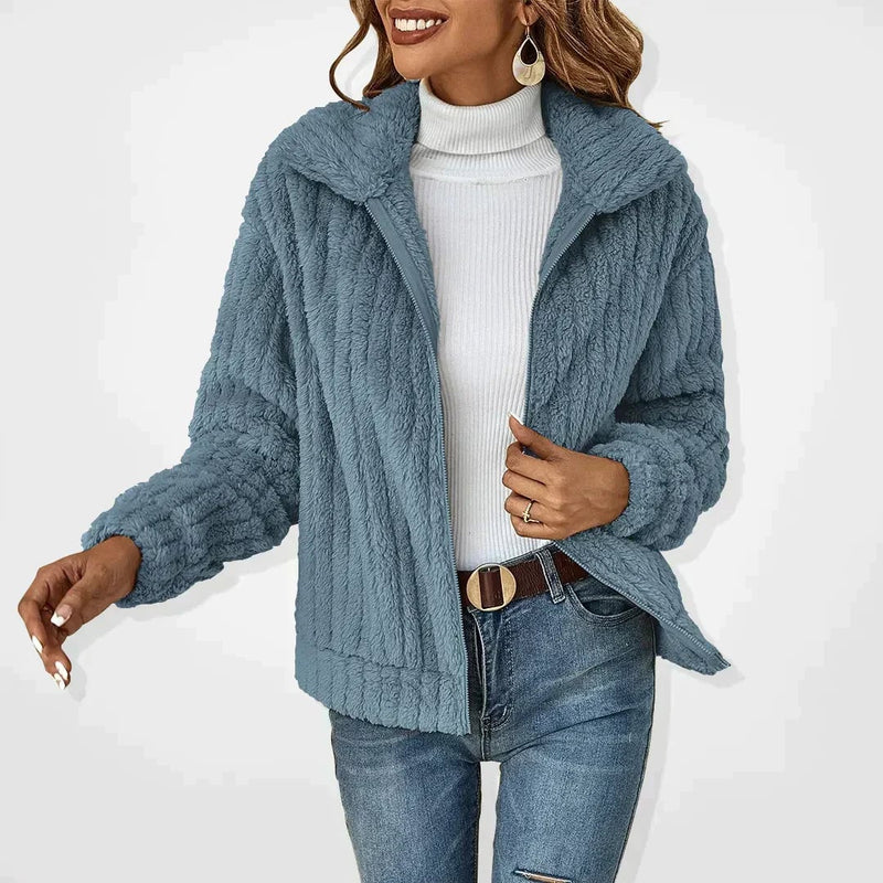 Close-up of the ultra-soft plush fabric on the Isadora fluffy cardigan in khaki