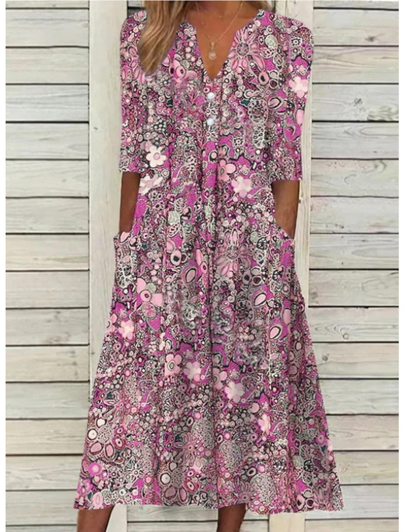 Full-length view of the BobaFashion Janice summer dress in pink showing graceful draping and relaxed silhouette