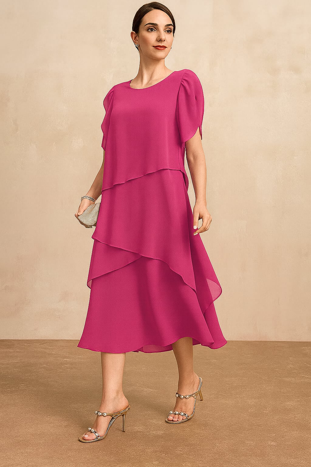 Side profile of model wearing the classic chiffon dress showing graceful drape and fit