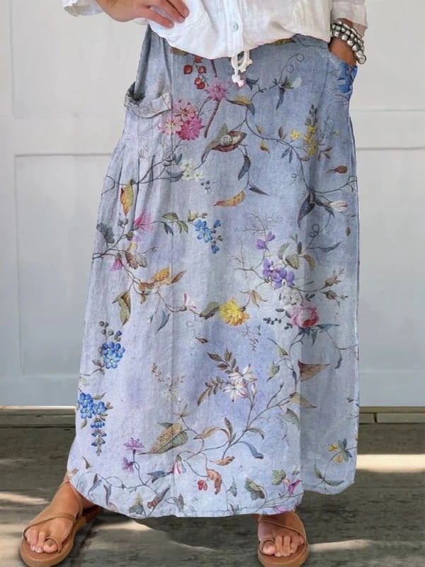 BobaFashion elegant vintage violet print A-line pocket skirt with elastic waistband, flowing silhouette shown on model