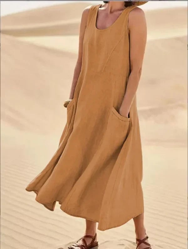 Jenny everyday dress in beige, neutral tone styled simply
