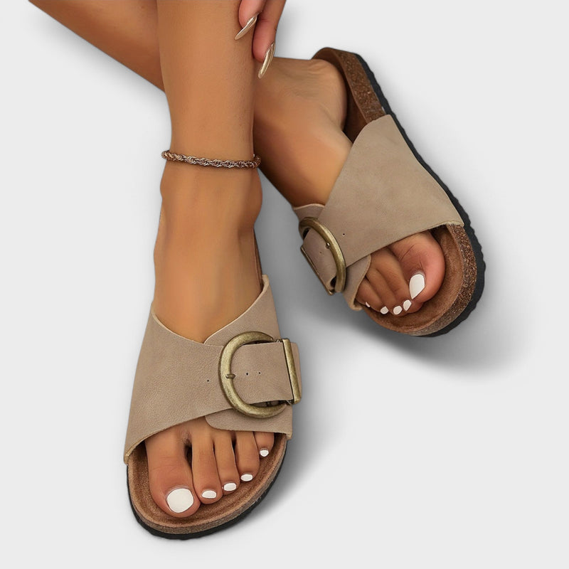 Joanna comfort sandal in creme with soft textured upper, angled product shot on white background