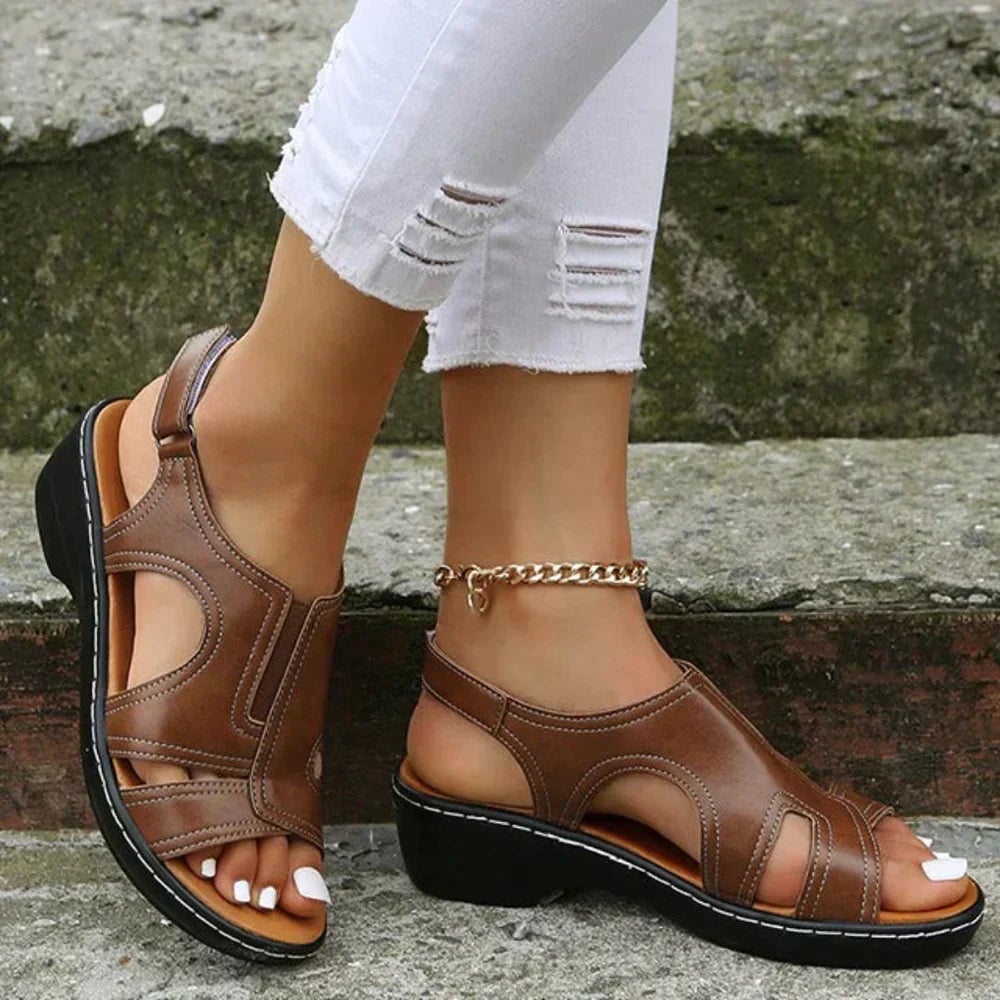 Jodie orthopedic sandal in brown with adjustable straps and cushioned sole, side view