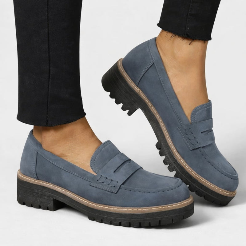 BobaFashion Journey Orthopedic Loafers styled with tailored trousers for an everyday chic look
