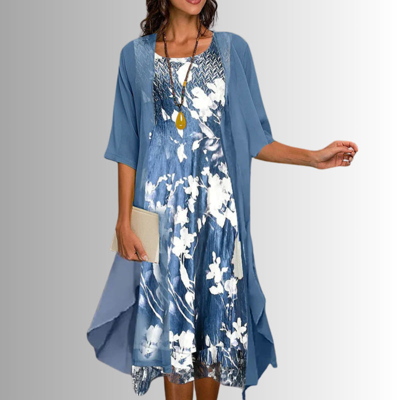 Close-up of the BobaFashion elegant 2-piece set showing floral print detail and lightweight fabric drape
