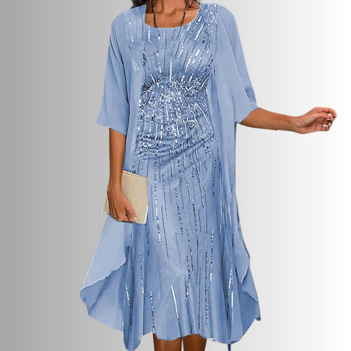Model wearing the BobaFashion 2-piece set in floral blue colorway, full-length front view