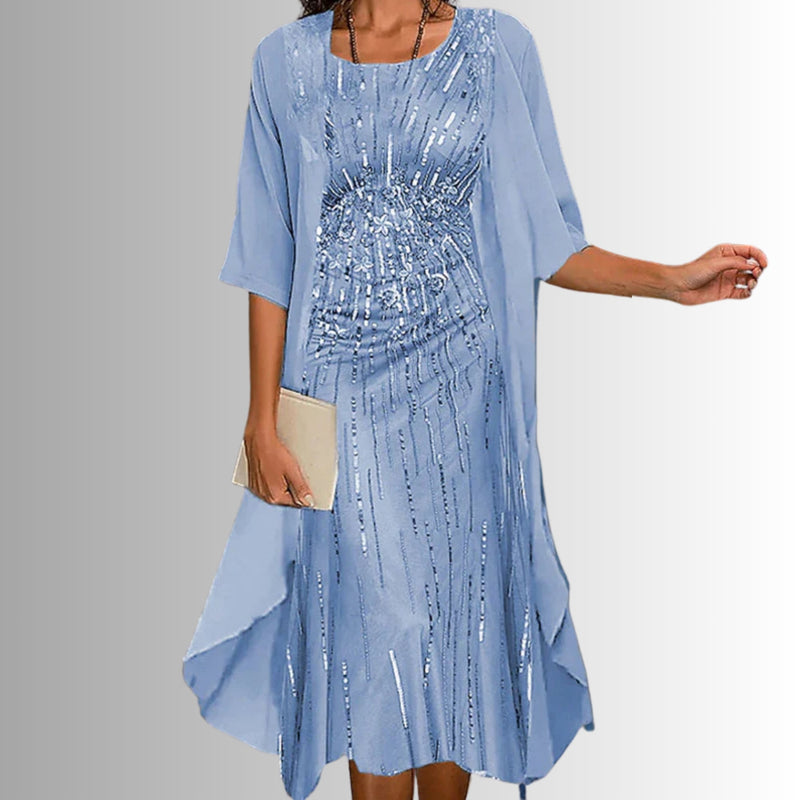 Model wearing the BobaFashion 2-piece set in floral blue colorway, full-length front view