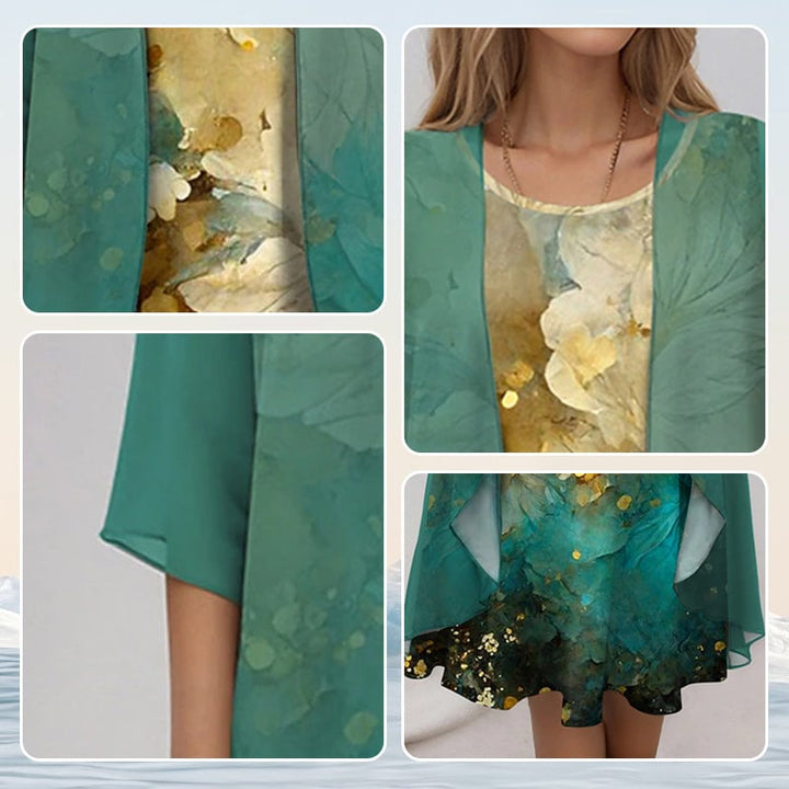 Flat lay of the BobaFashion elegant 2-piece blouse and dress set in multiple color options