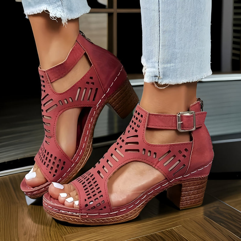 Juliette women's block heel sandals in black, side profile showing stable heel