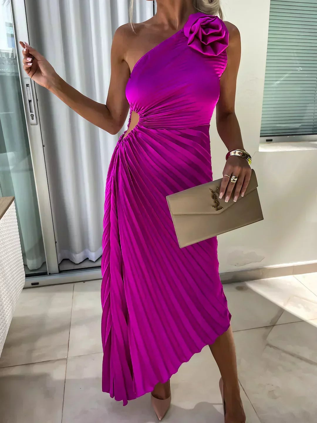 Side view of the Juliette floral dress in red showing the lightweight fabric drape