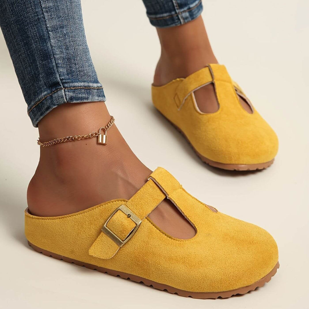 BobaFashion Juniper women's yellow buckle clogs, front view showing adjustable strap and flat sole
