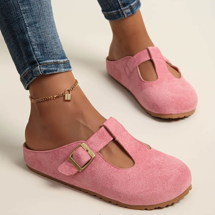 BobaFashion Juniper yellow clogs side profile highlighting slip-on silhouette and buckle detail