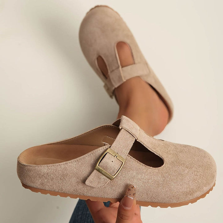 BobaFashion Juniper khaki buckle clogs angled view on neutral background