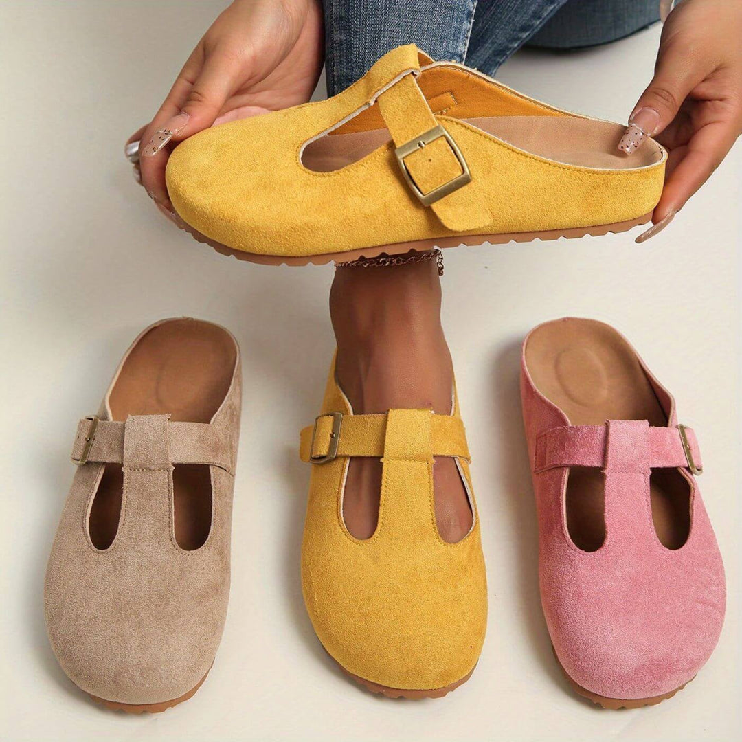 Close-up of adjustable buckle strap detail on BobaFashion Juniper women's clogs