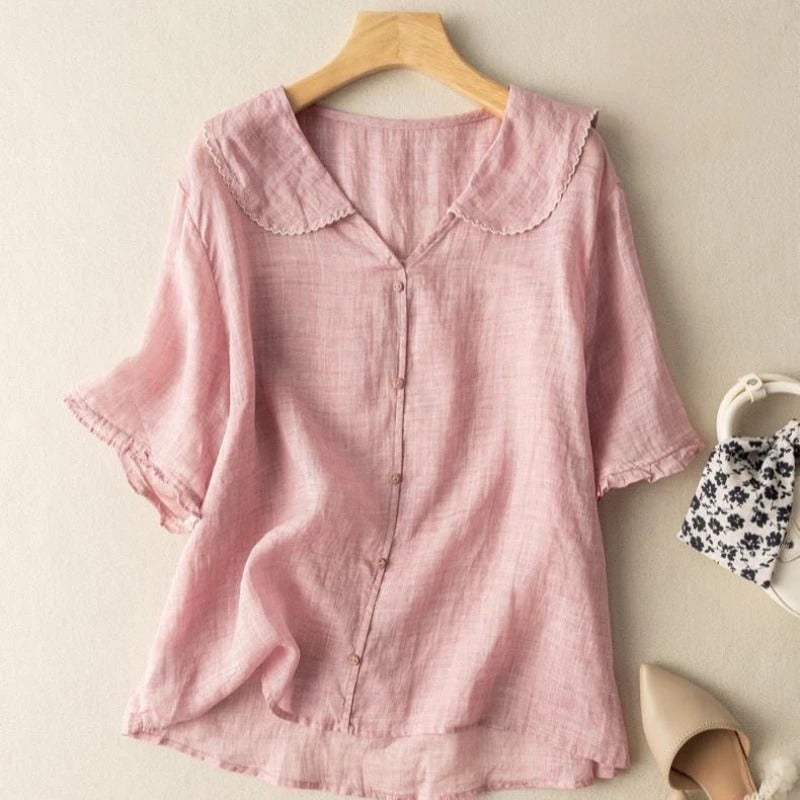 BobaFashion Kristi vintage blouse shown in a soft peach color with relaxed silhouette