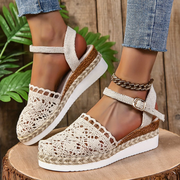 Lantana orthopedic sandals in beige, sole view showing cushioned base and tread