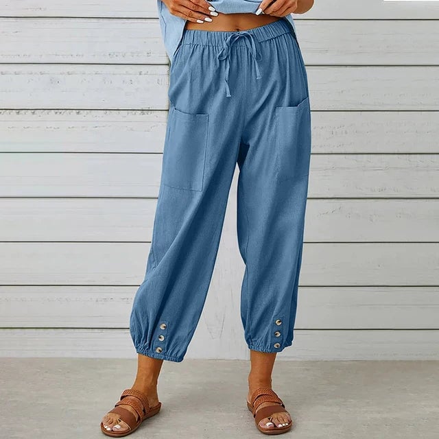 Full-length view of BobaFashion Lena High Waist Relaxed Pants in a loose straight silhouette on a female model