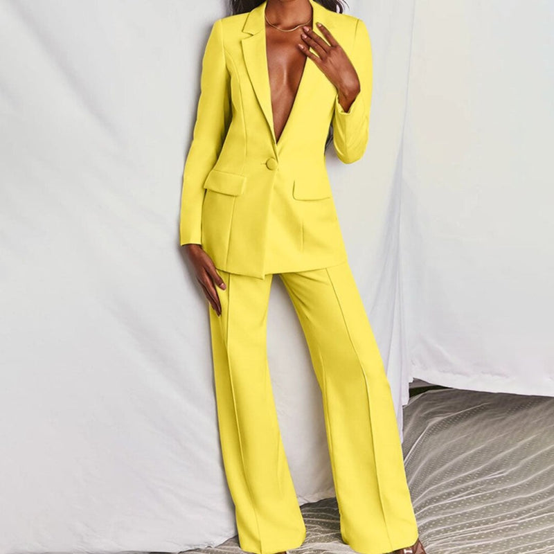 Model wearing a yellow structured blazer and high-waisted trousers two-piece set from BobaFashion