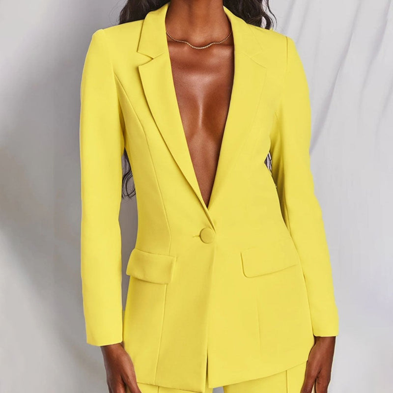 Close-up of the tailored blazer and matching trousers set in a chic, polished style from BobaFashion