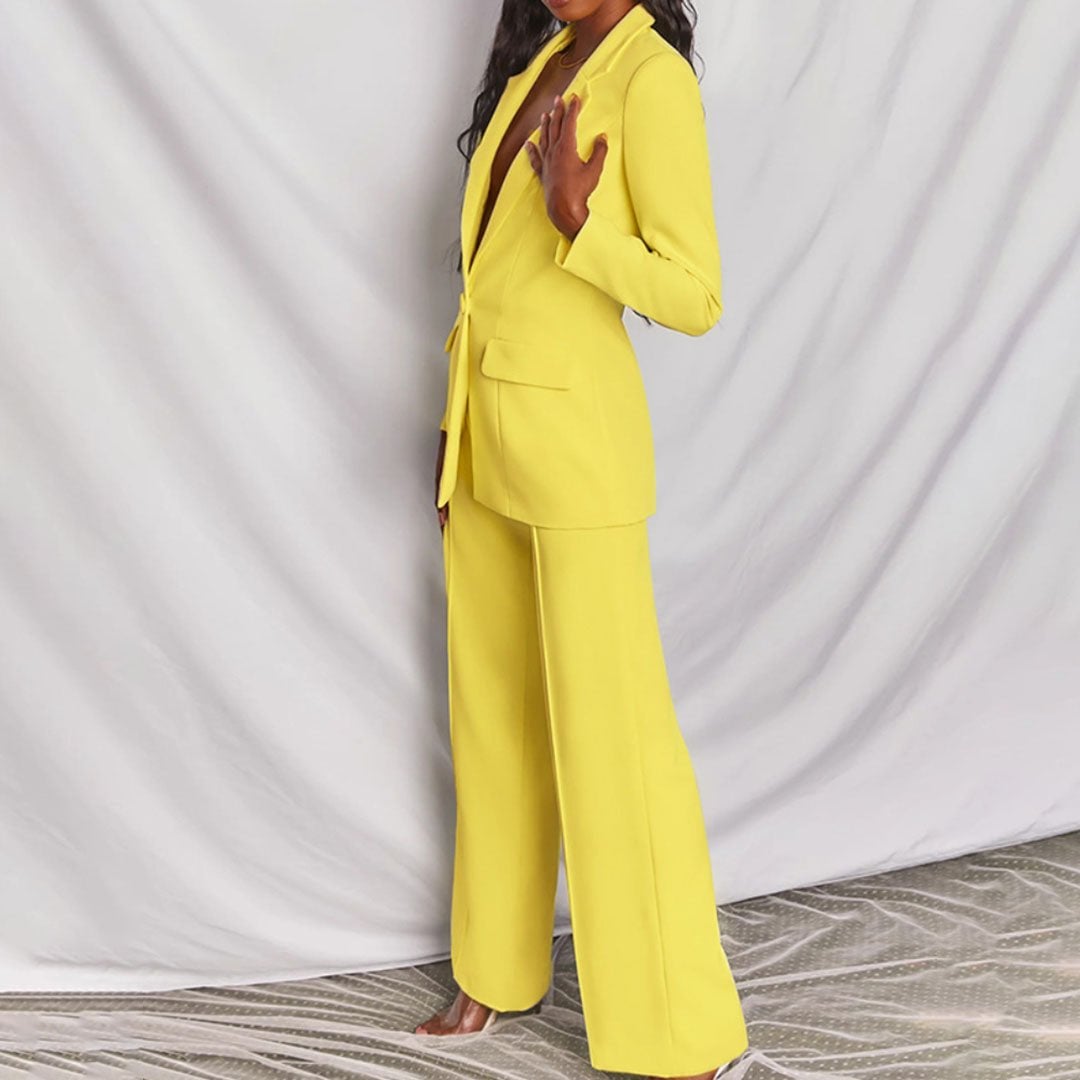 Front view of the BobaFashion chic blazer and trousers set styled for a smart-casual look