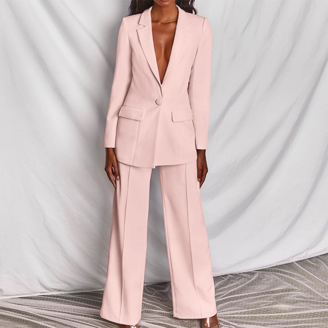 Back view of the tailored two-piece blazer and trousers set from BobaFashion