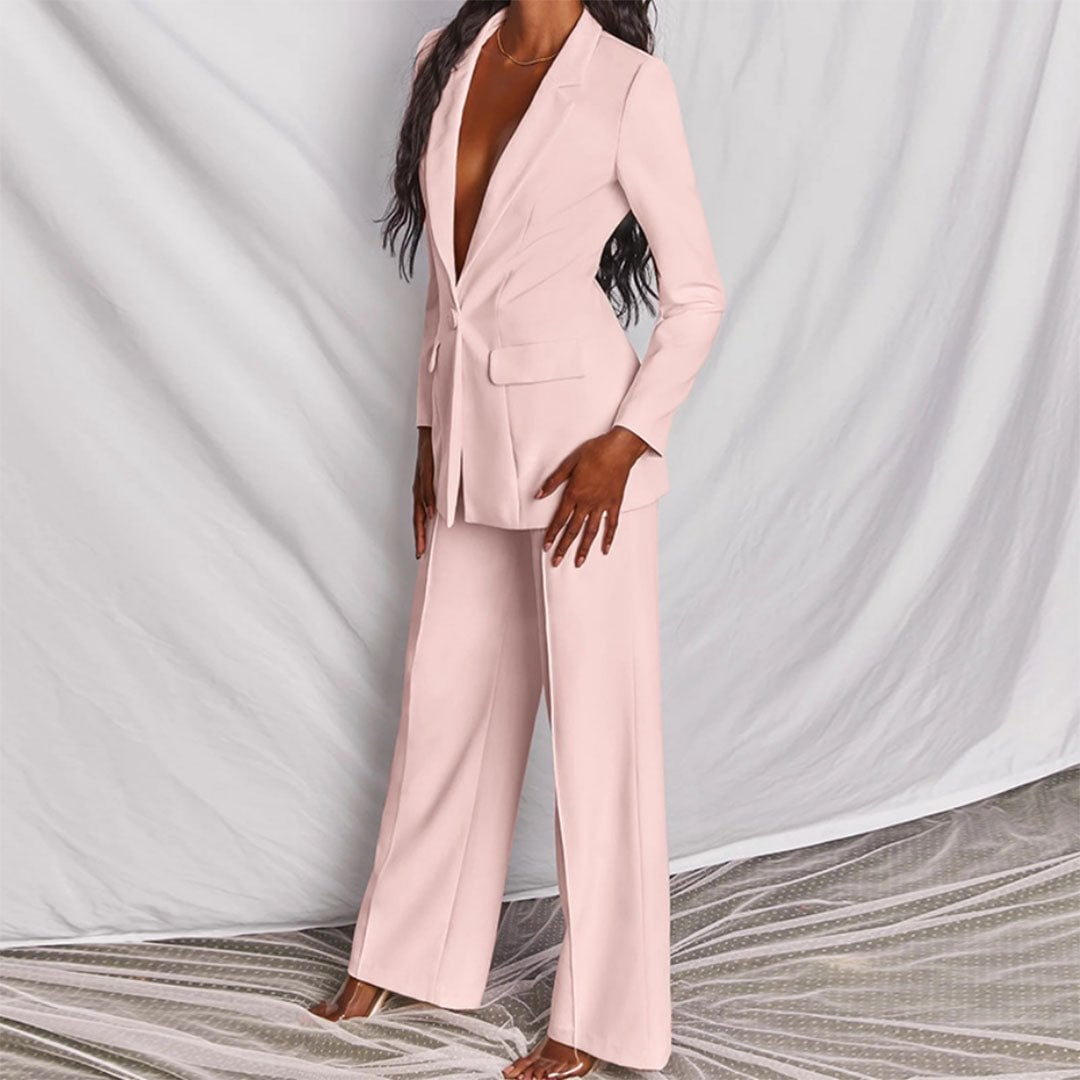 Full-length shot of the black blazer and trousers co-ord set from BobaFashion