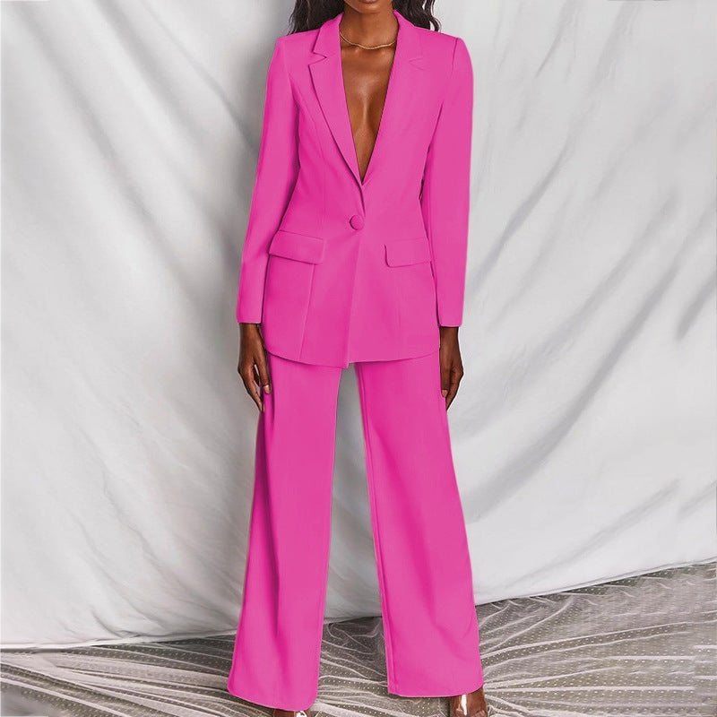 Model transitioning from office to evening in the BobaFashion chic blazer and trousers set