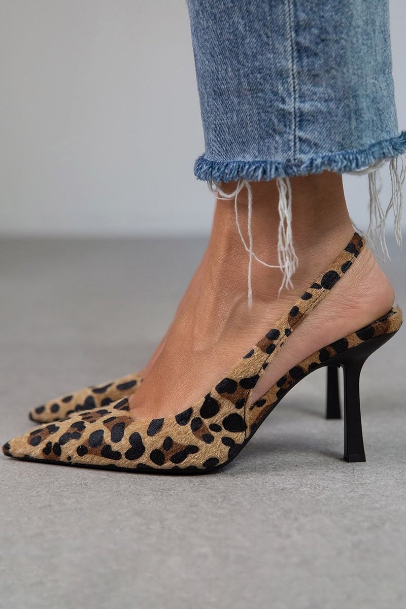 Khaki leopard print pointed toe mid-heel pumps shown from a front three-quarter angle on a clean background