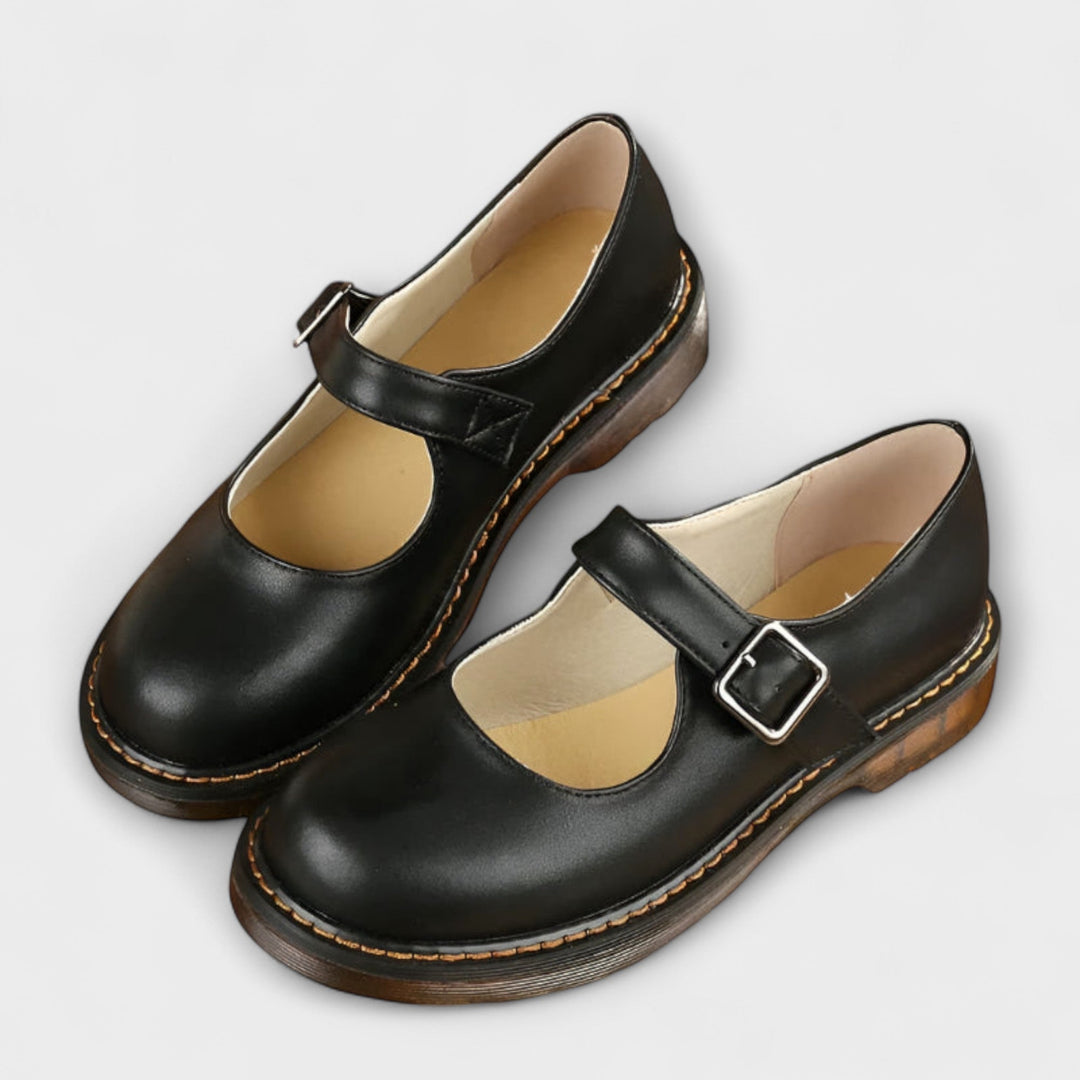 Close-up of Lisa vintage Mary Jane sandal showing adjustable copper buckle strap and rounded toe detail