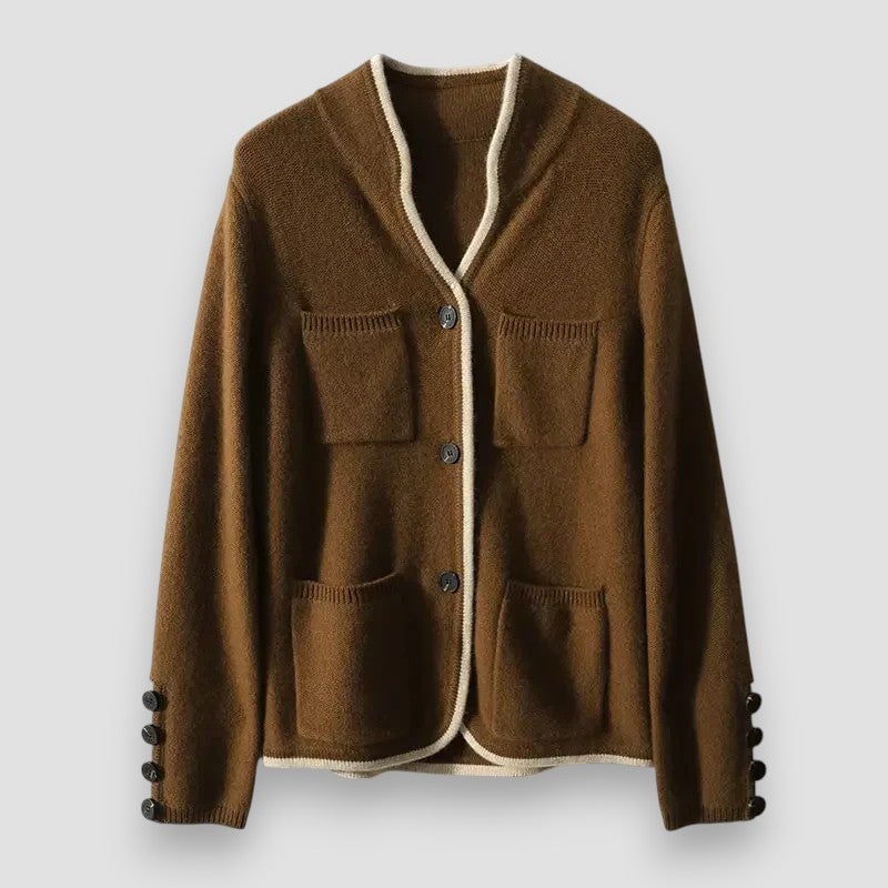 Front view of the Londyn vintage cardigan in brown displaying relaxed fit and polished silhouette