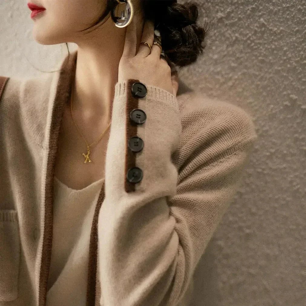 Model wearing the Londyn vintage cardigan in brown with a relaxed fit and cozy everyday styling