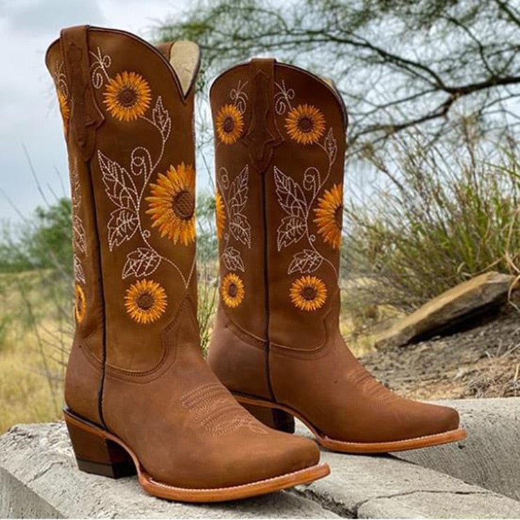 Luna boho boots in dark brown displayed from a side angle highlighting the mid-calf cut