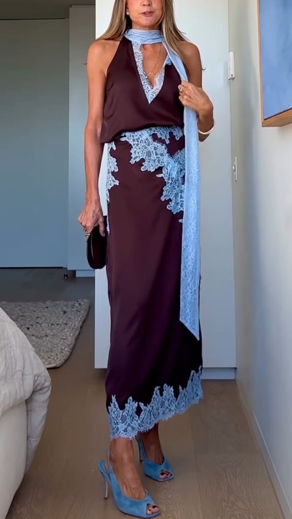 Full-length back view of the brown lace panel top and skirt set showing overall length and fit