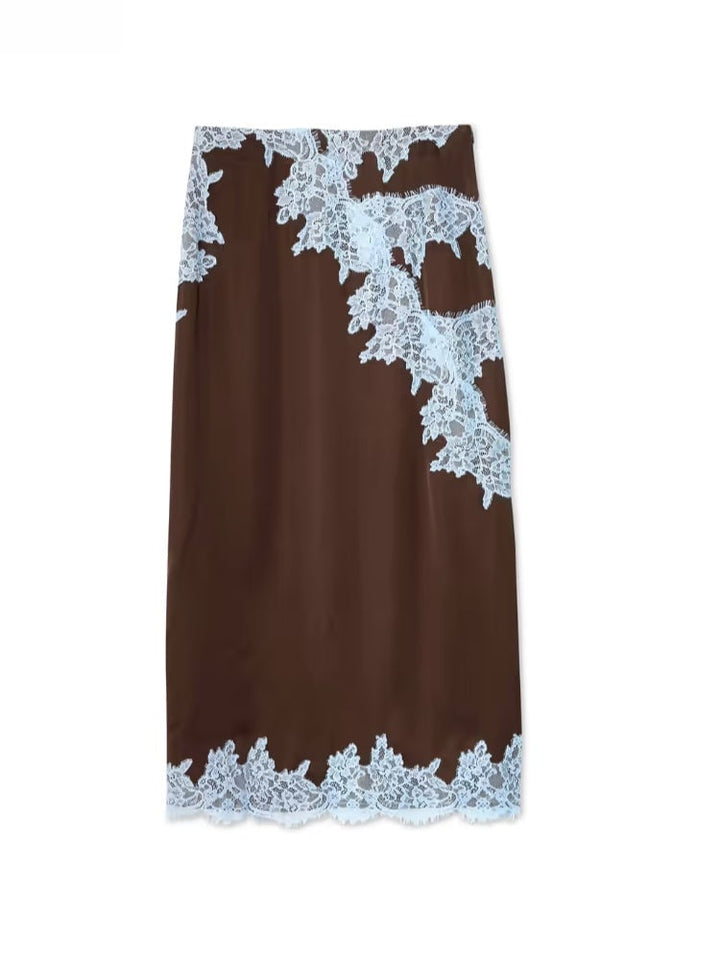 Close-up of the lace fabric texture on the brown coordinated two-piece set