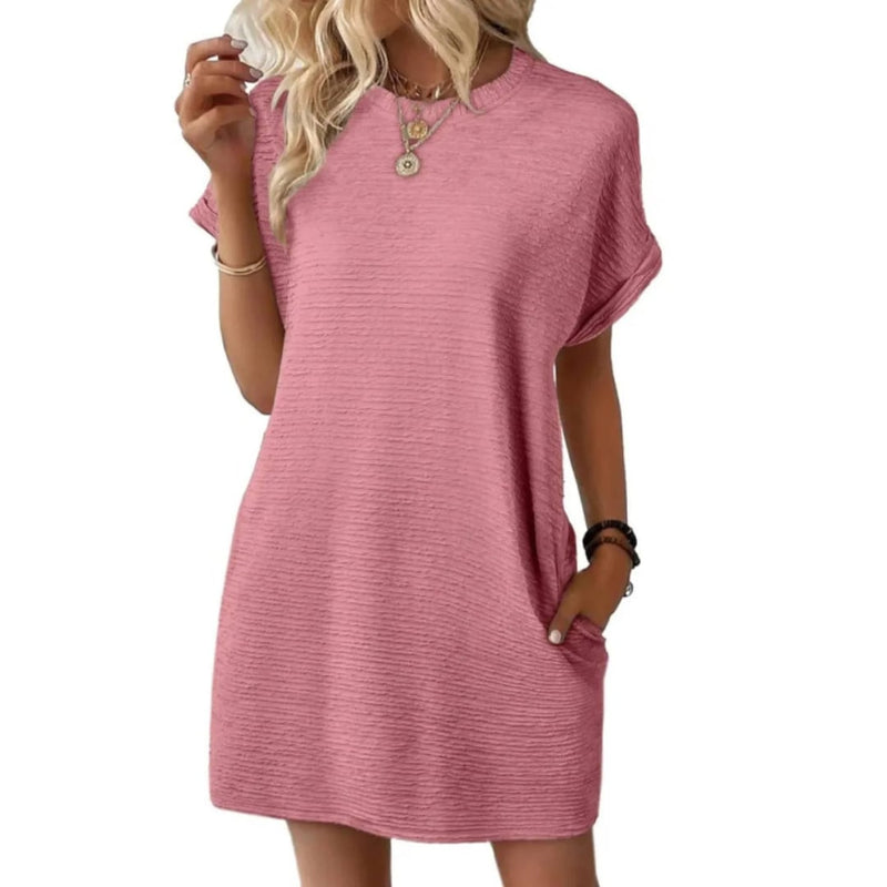 Front view of the Maggie t-shirt mini dress in Light Pink showing crewneck and rolled sleeves
