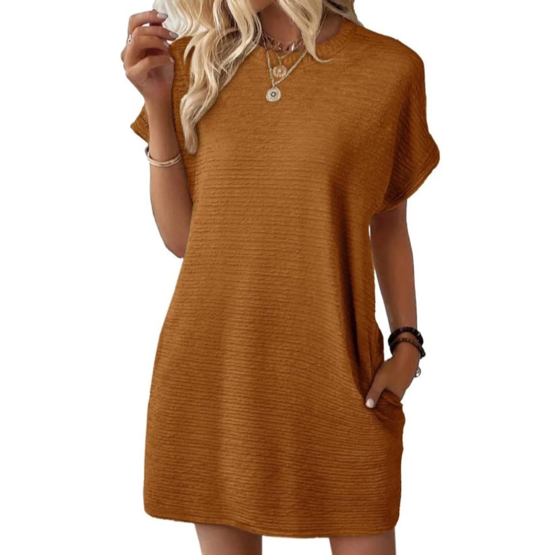 Full-length view of the Maggie mini dress in Dark Brown showing the relaxed silhouette