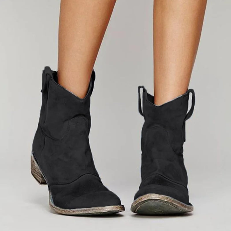 Women's suede ankle boots in black styled with slim jeans for an everyday look