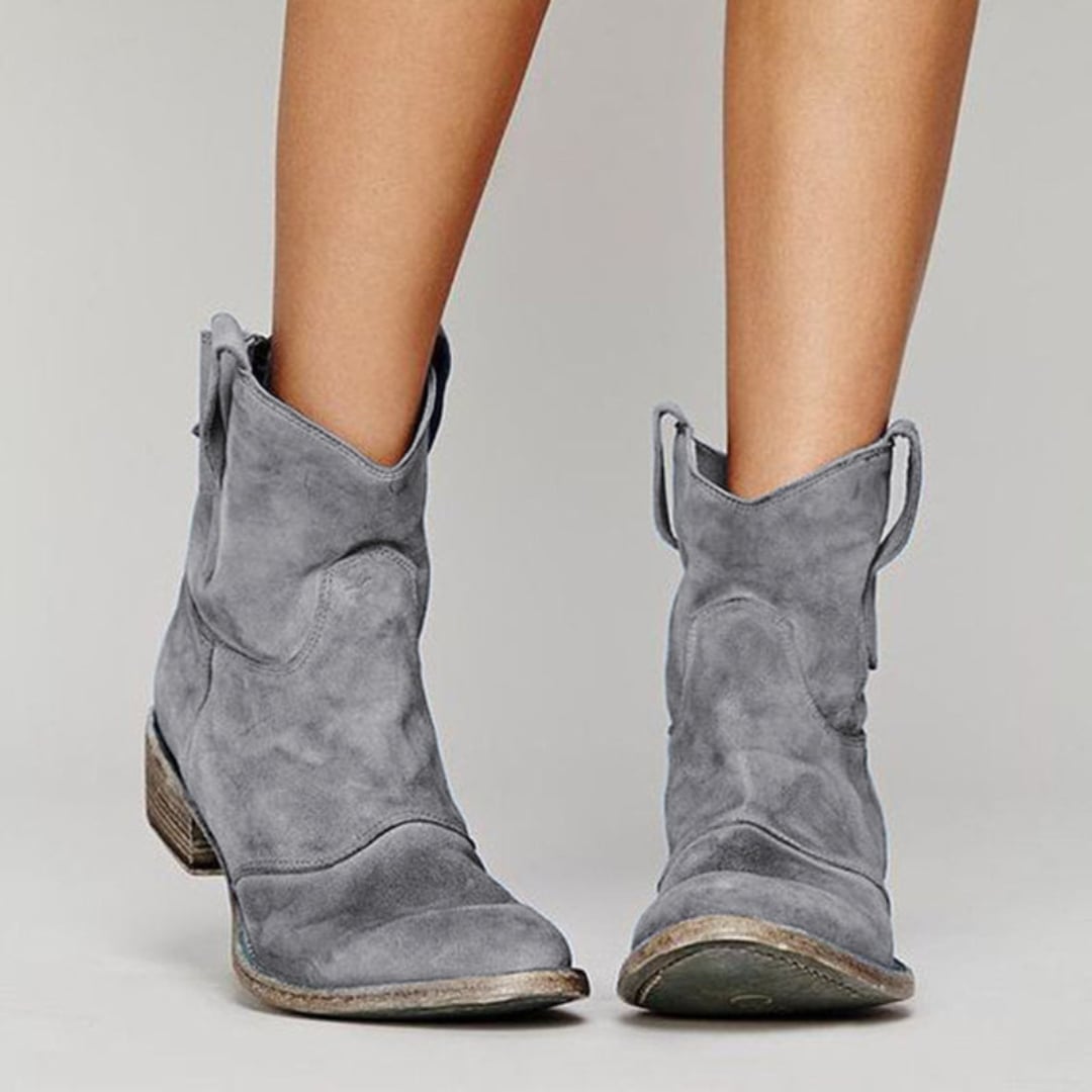 Flat lay of women's suede ankle boots in pink and gray color options