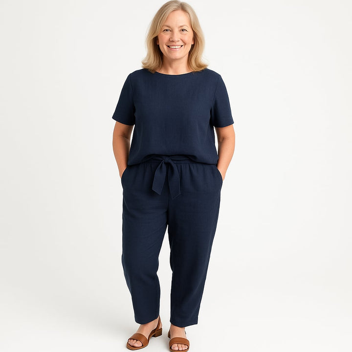 Close-up of the Marilyn women's summer 2-piece set in a soft, lightweight fabric showing texture and drape detail