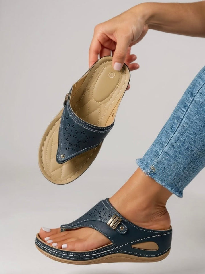 Marinette women's cushioned adjustable sandals in brown showing plush insole and breathable construction, top-down view