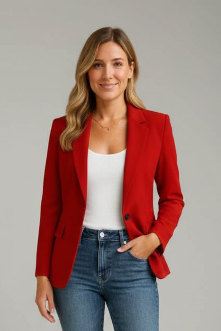Side view of the Marisol tailored blazer showing structured silhouette and side pocket