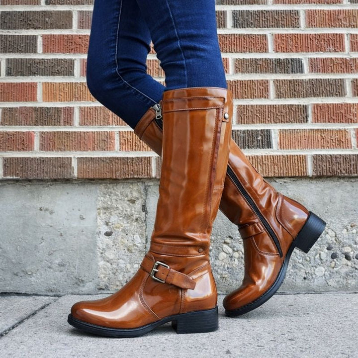 Close-up of the round toe detail on women's knee-high boots from BobaFashion