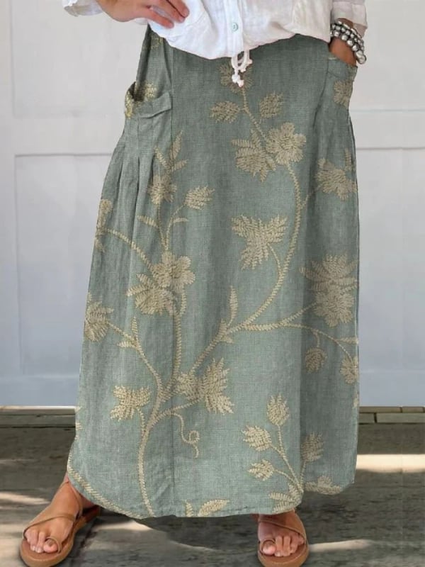 Close-up of retro floral print detail on a flowing A-line skirt in green